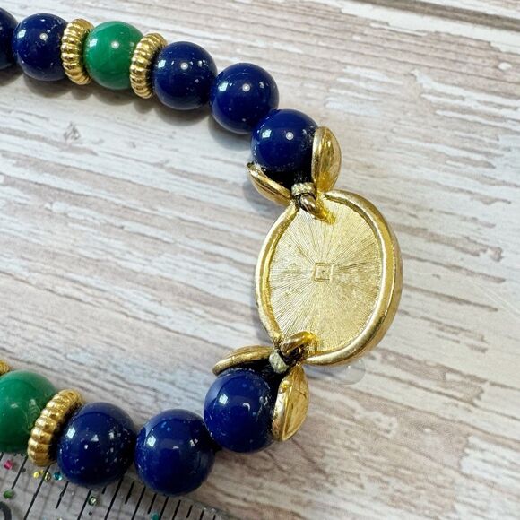 Vintage Avon Blue Green Gold Bead Necklace Rhinestone & Cabochon Center 20" - Picture 4 of 10